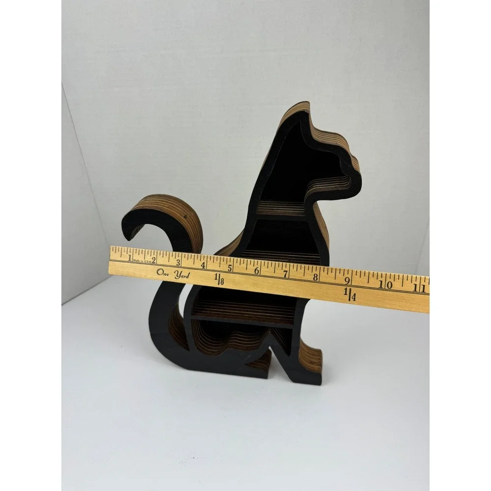 Wooden Cat Shadow Box Shelf Black Plywood Feline Crystal Display Wall Decor 10in
